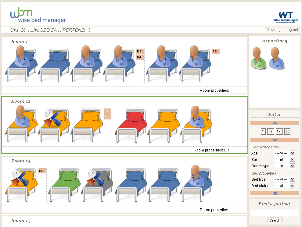 Vista de unidad de Wise Bed Manager: habitaciones dibujadas con sus camas y camas ocupadas con la figura de un paciente